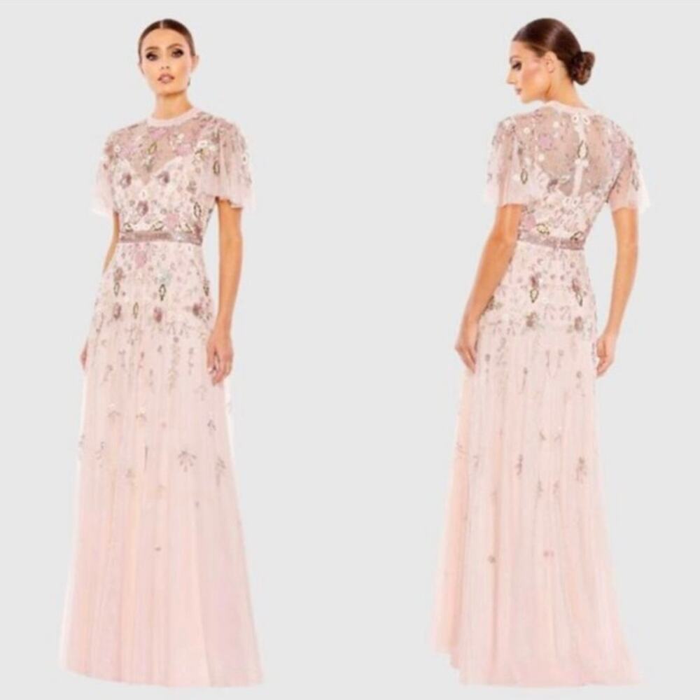 Mac Duggal Sz 8 Pink Sequin Embellished High Neck Butterfly Sleeve Formal Gown